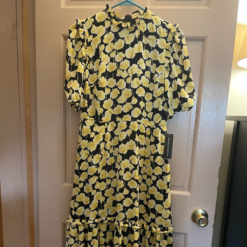 Donna Morgan yellow and black floral puff sleeve high neck midi dress. NWT!
